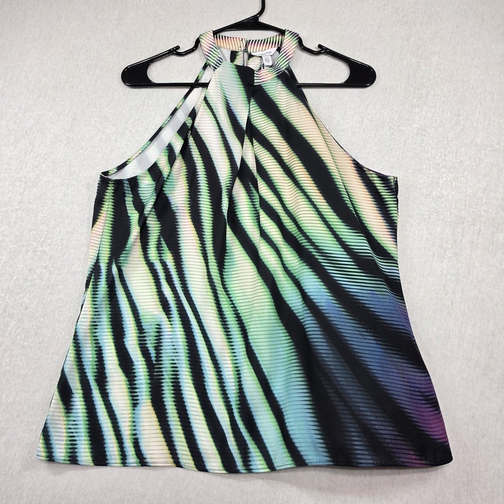 Calvin Klein Women's Medium Abstract Print Mock Neck Halter Blouse Sleeveless